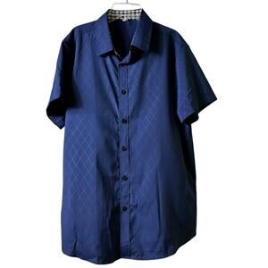 2/$15 Shein Blue Diamond Print Short Sleeve Button‎ Front Shirt M (2692)